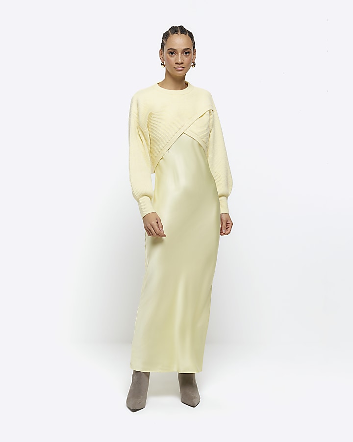 Yellow satin hybrid slip midi dress