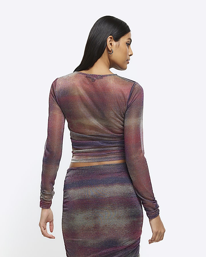 Purple abstract mesh ruched top