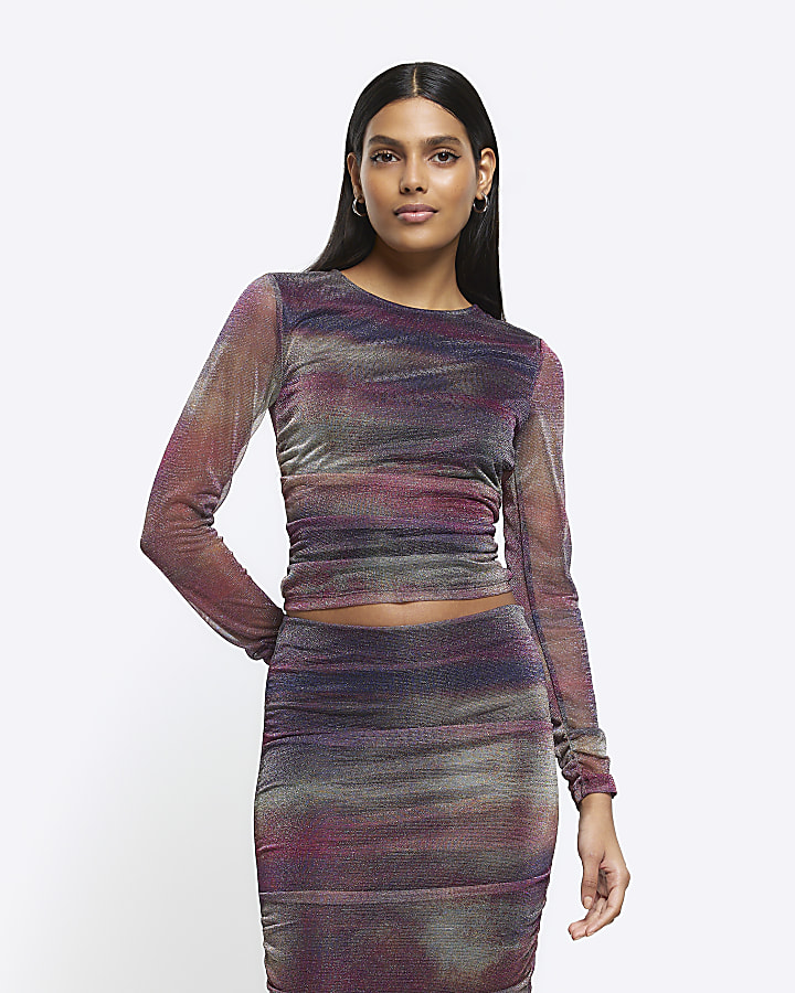 Purple abstract mesh ruched top