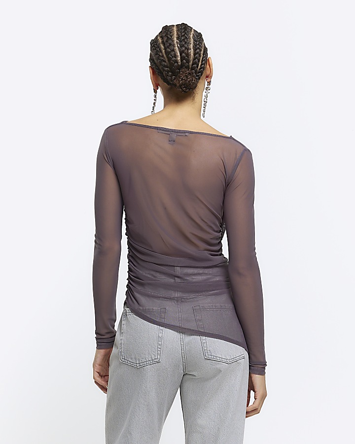 Grey mesh ruched long sleeve top