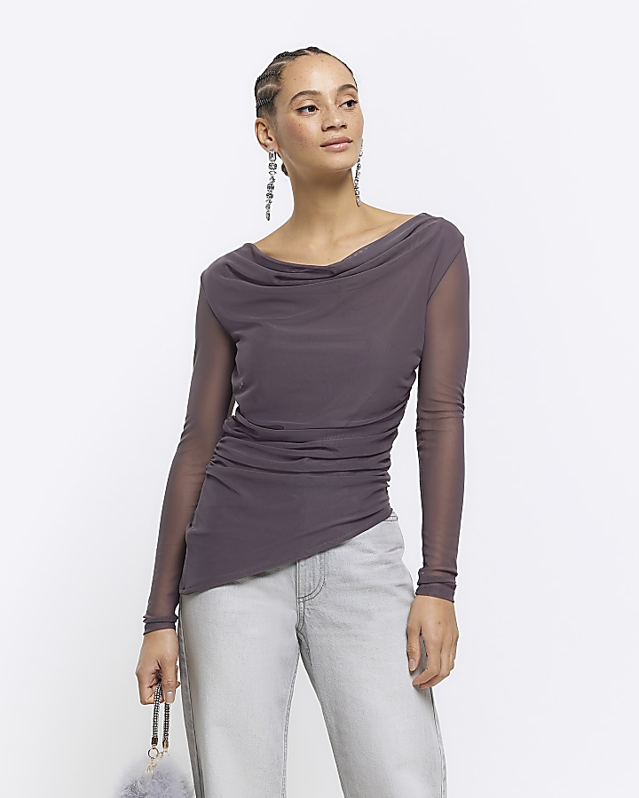 Grey mesh ruched long sleeve top