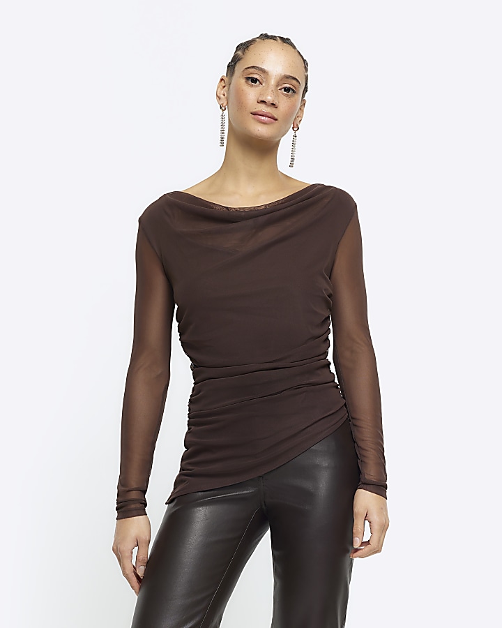 Women's Long Sleeve Ruched Mock Neck Top in Brown Chicory Coffee