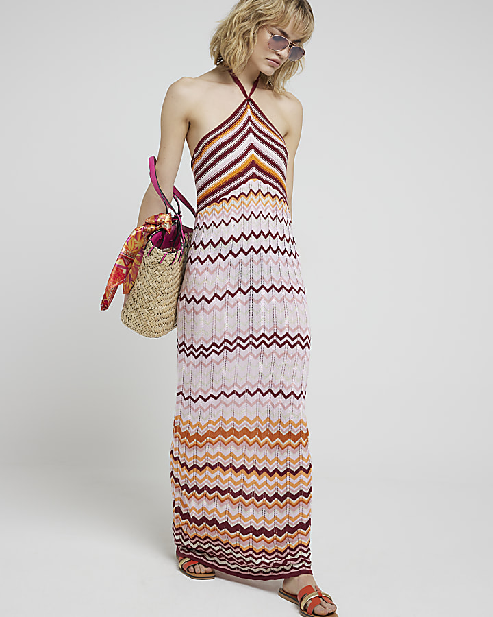Pink knit stripe bodycon maxi dress