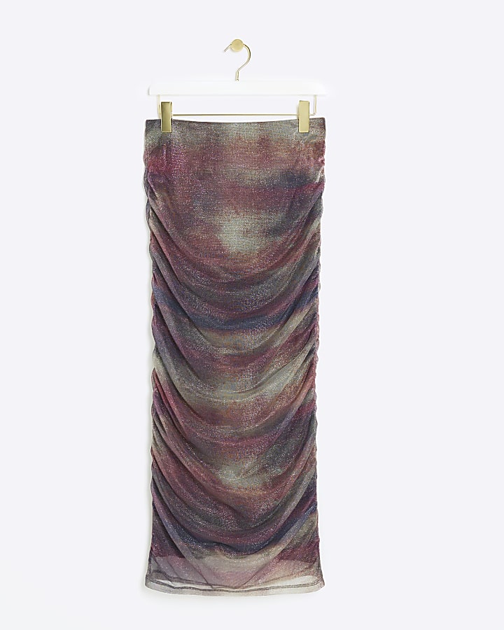 Purple abstract ruched maxi skirt