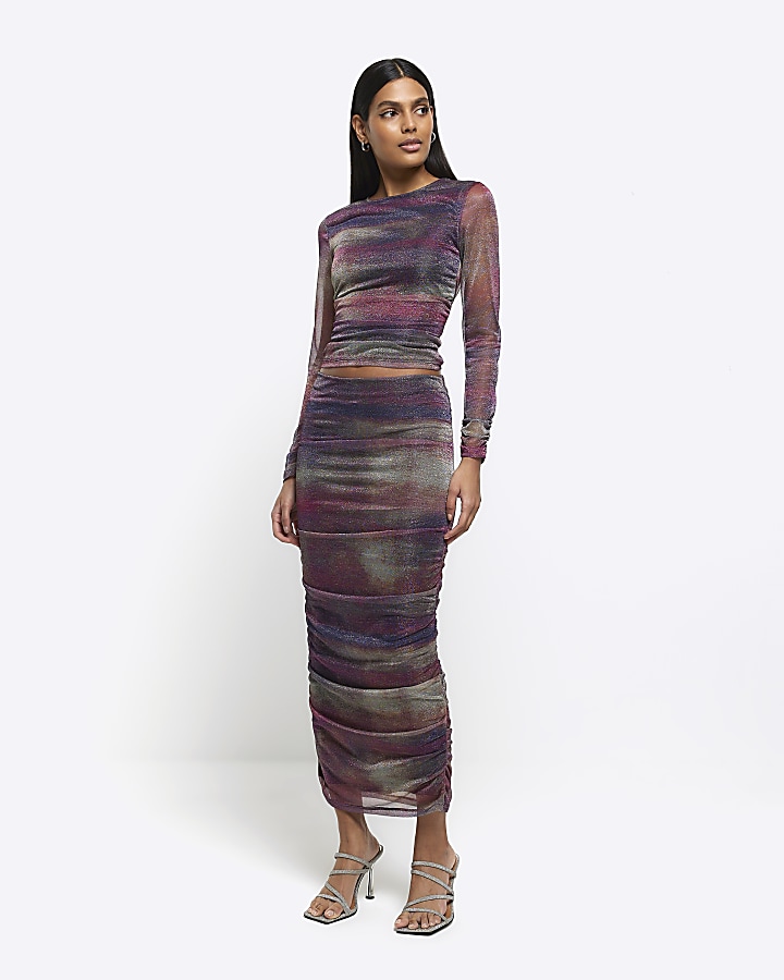 Purple abstract ruched maxi skirt