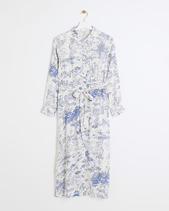Petite blue floral belted midi shirt dress
