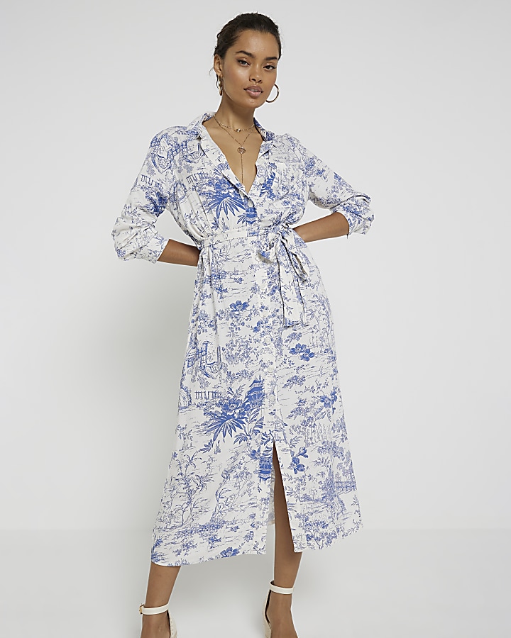 Petite blue floral belted midi shirt dress