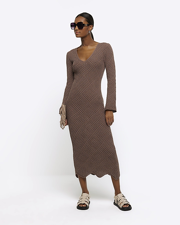 Brown knit bodycon maxi dress | River Island