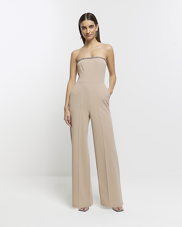 Stone diamante bandeau wide leg jumpsuit | River Island