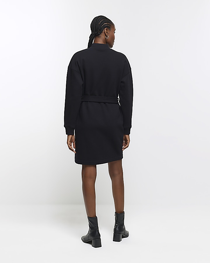 Black Belted Sweatshirt Mini Dress