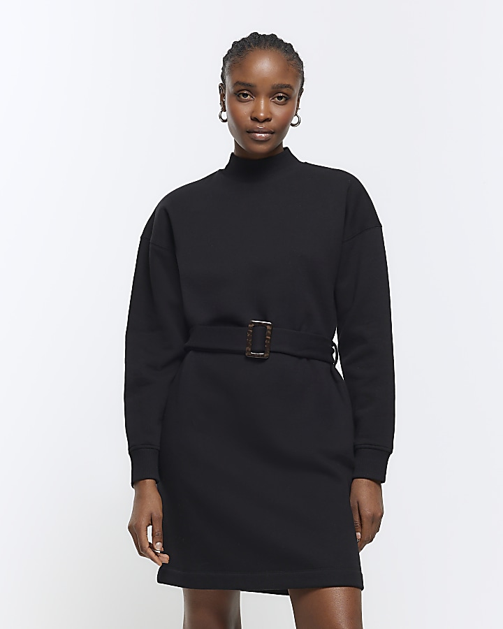 Black Belted Sweatshirt Mini Dress