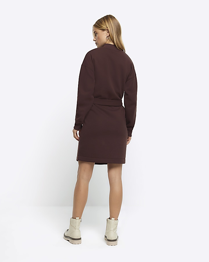 Brown Belted Sweatshirt Mini Dress