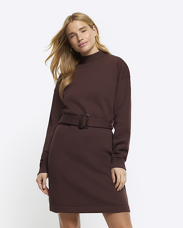 Brown Belted Sweatshirt Mini Dress