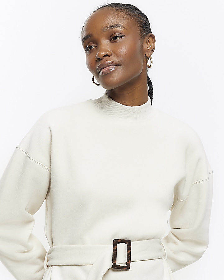 Cream Belted Sweatshirt Mini Dress