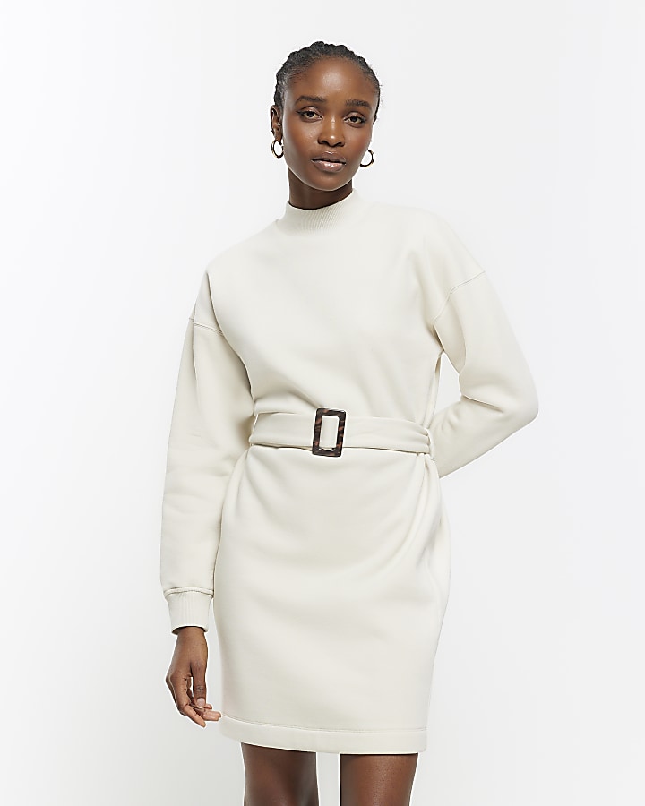 Cream Belted Sweatshirt Mini Dress