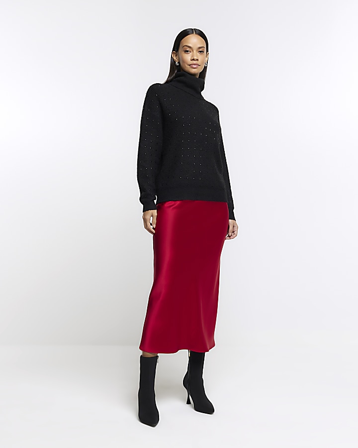 Long red shop midi skirt