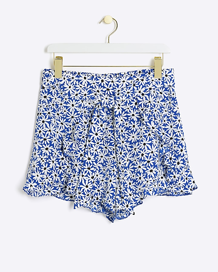 Blue floral belted shorts