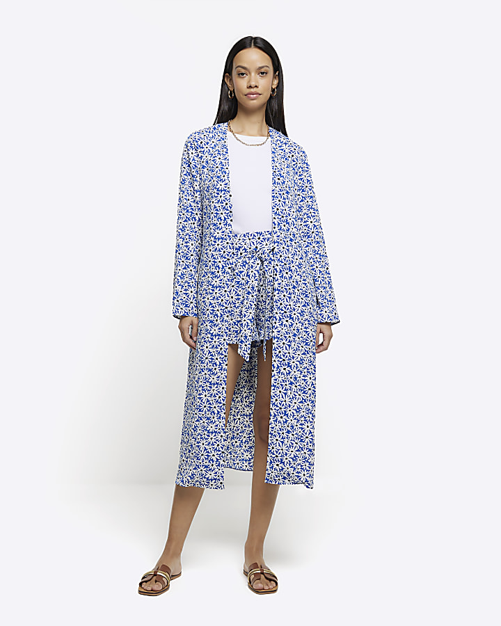 Blue floral tie waist longline duster jacket