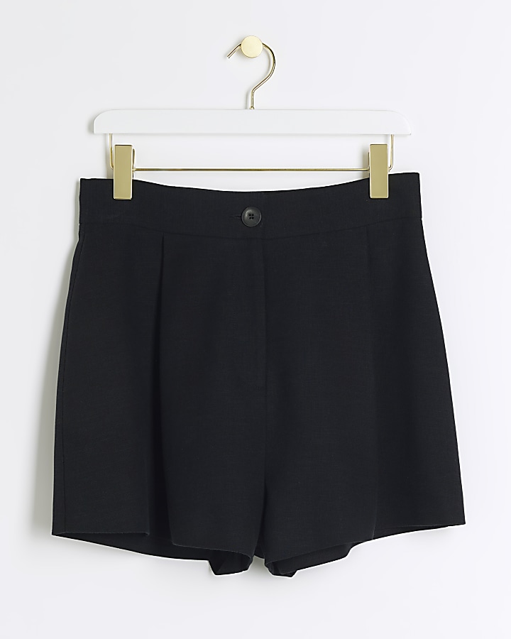 Black linen blend high waisted shorts