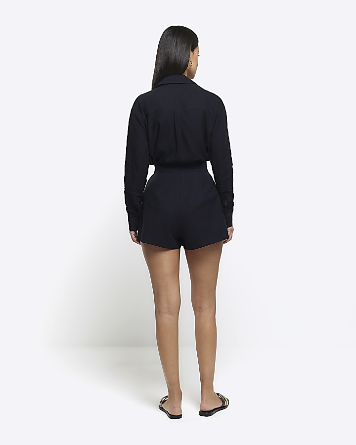 Black linen blend high waisted shorts