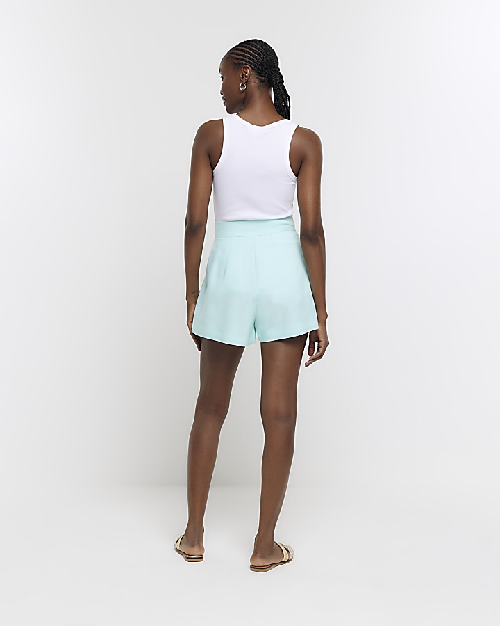 Aqua linen blend high waisted shorts