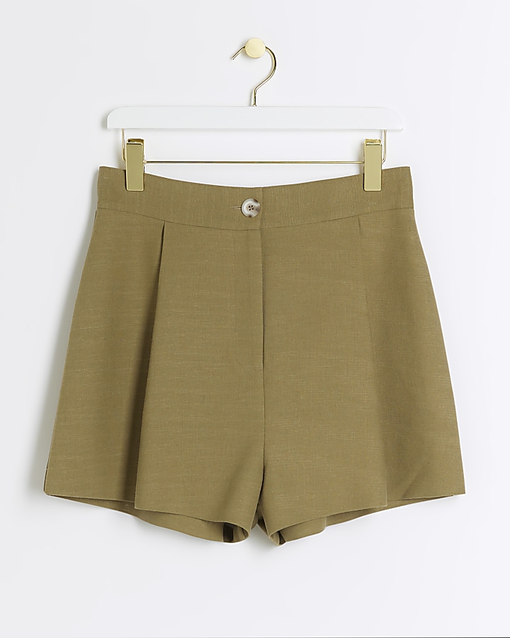 Khaki linen blend high waisted shorts | River Island