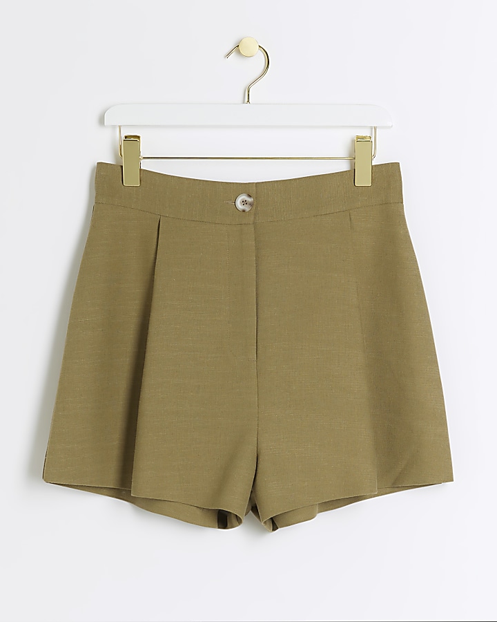 Khaki linen blend high waisted shorts River Island