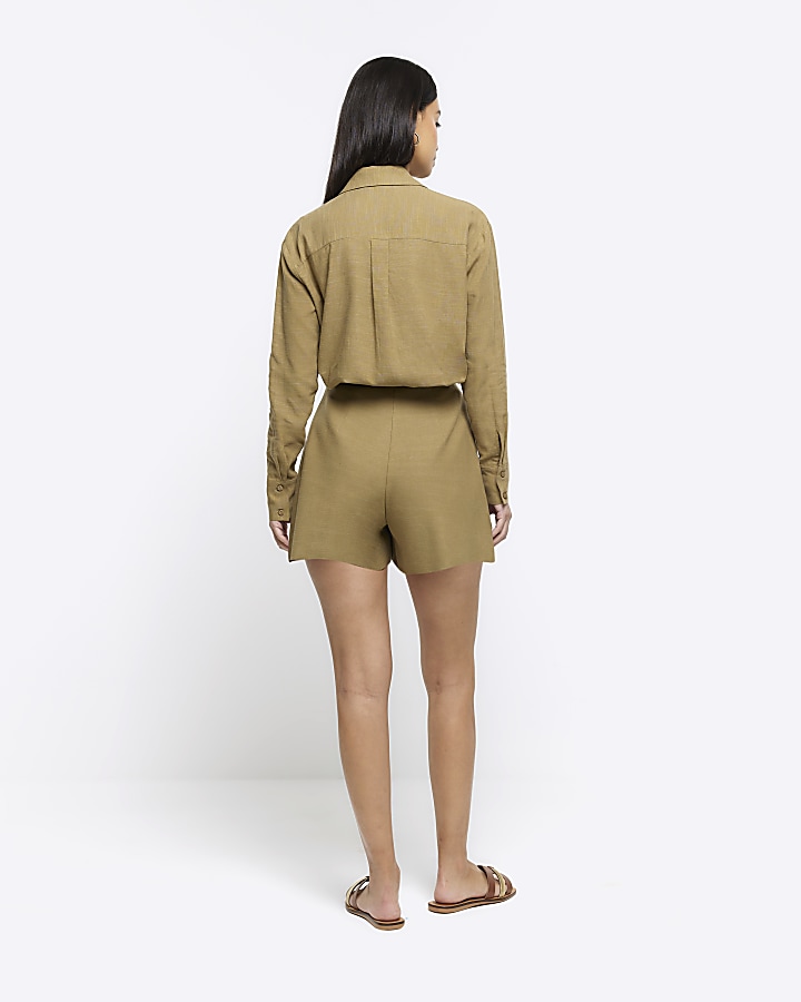 Khaki linen blend high waisted shorts