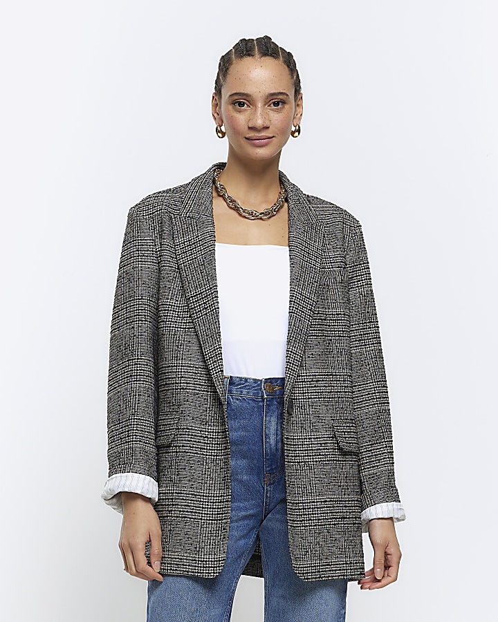 Black check rolled sleeve blazer