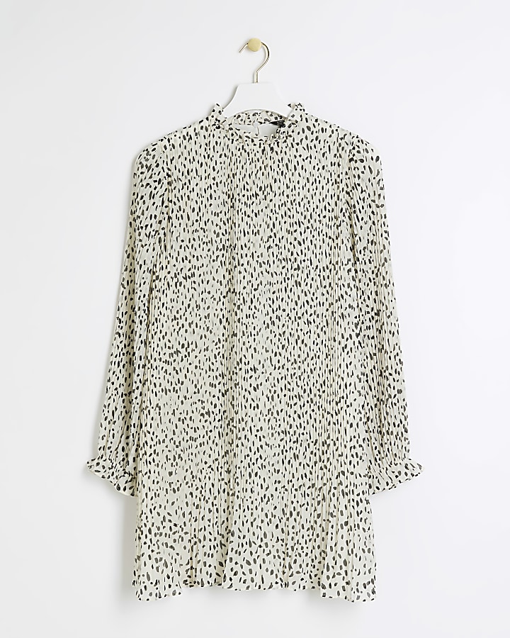 Cream plisse leopard print shift mini dress