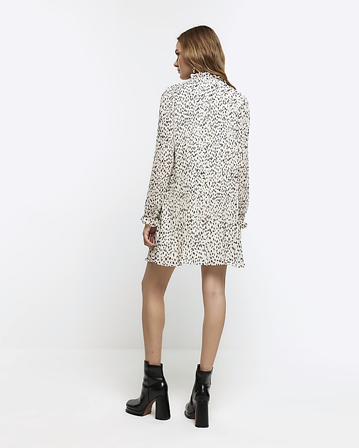 Cream plisse leopard print shift mini dress