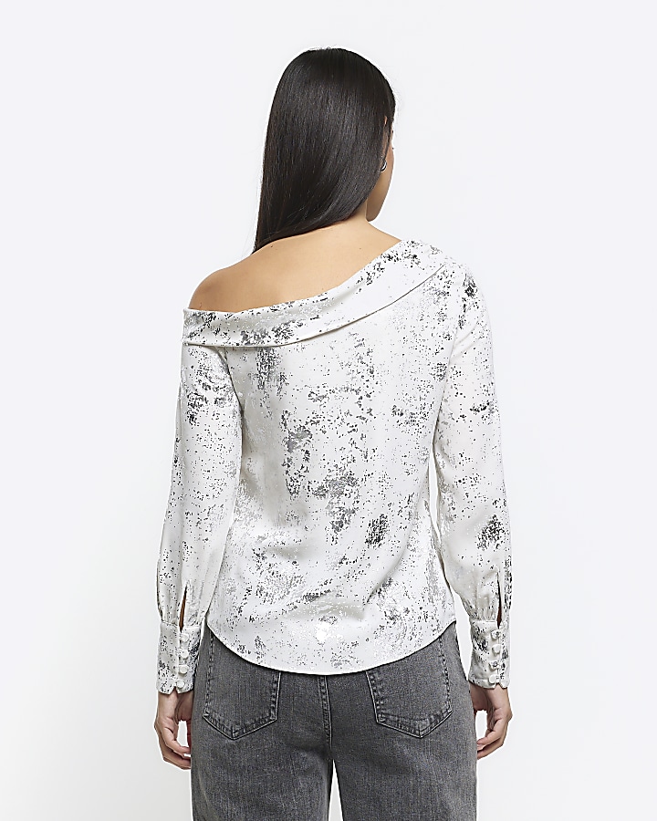 Silver foil off shoulder blouse
