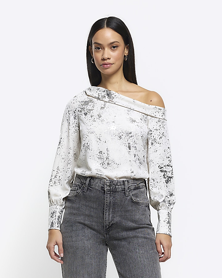 Silver foil off shoulder blouse River Island