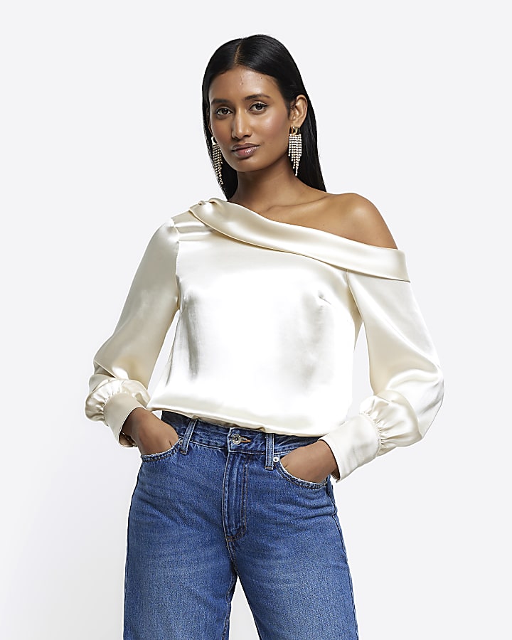 Cream satin off shoulder top | River Island