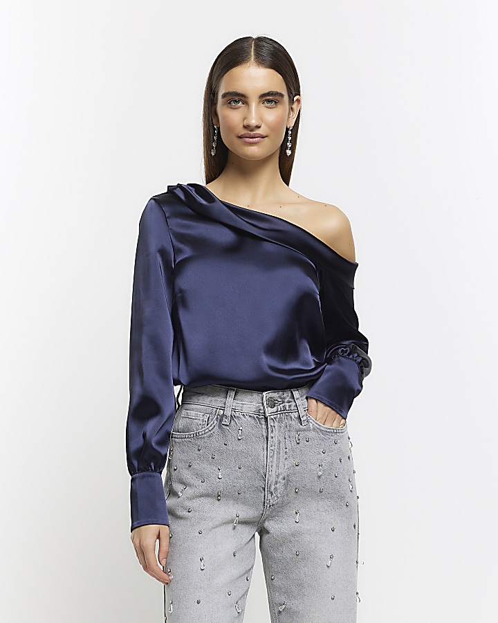 Navy satin off shoulder top | River Island