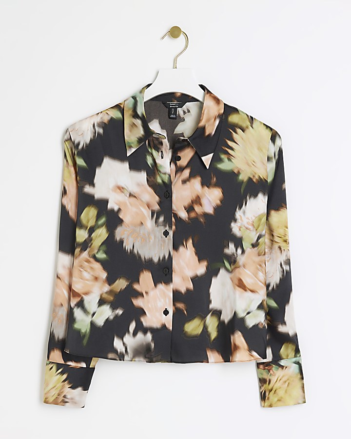 Black satin blur floral shirt | River Island