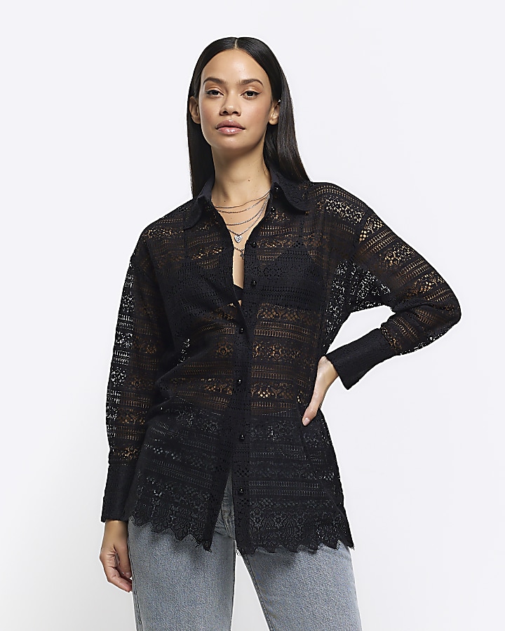 Black lace oversized long sleeve shirt | River Island