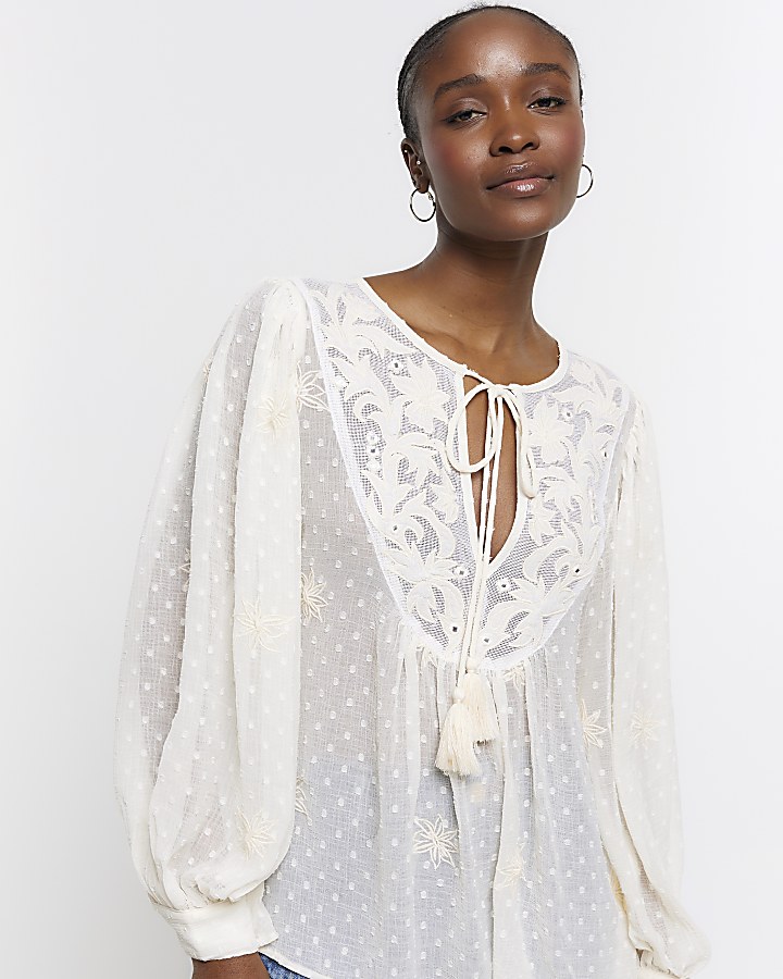 Cream embroidered tie up blouse