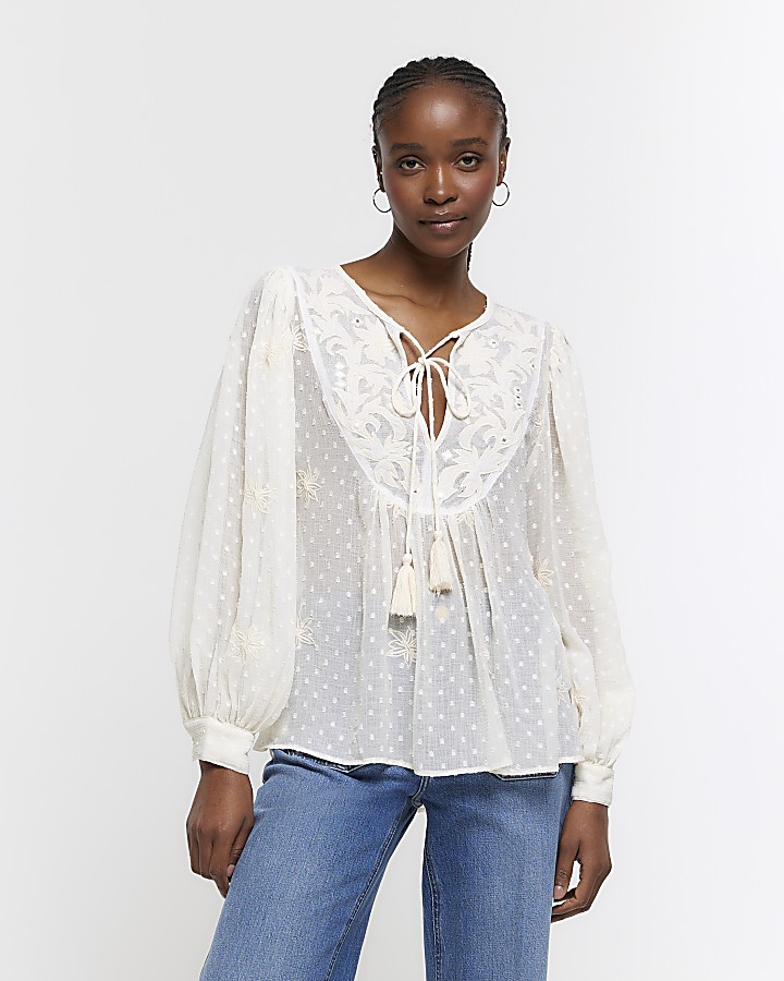 Cream embroidered tie up blouse | River Island