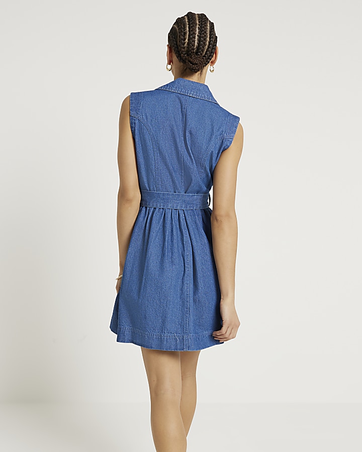 Blue belted denim mini shirt dress