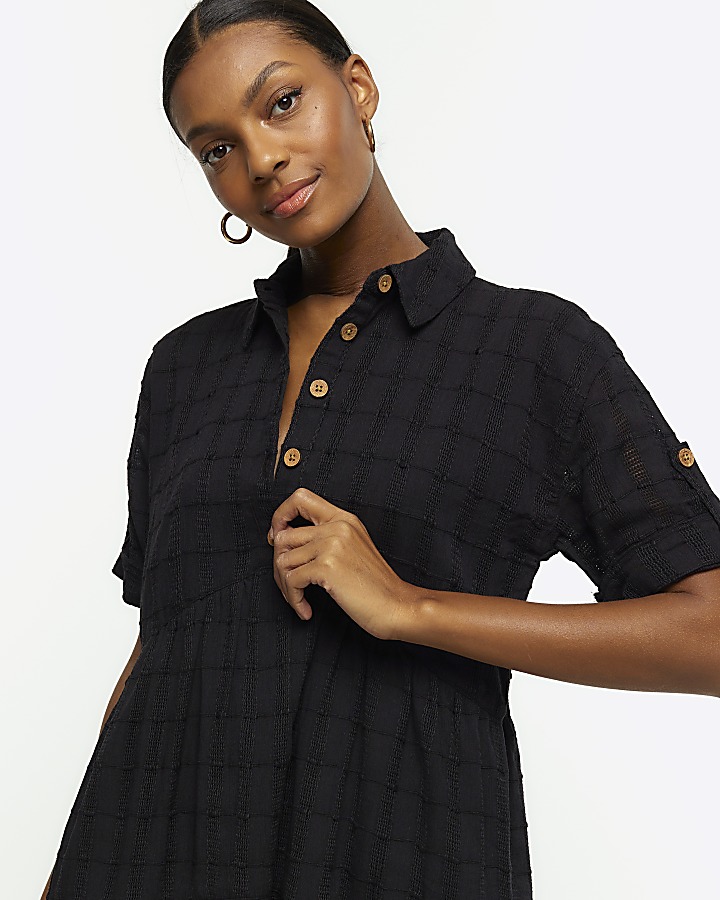 Black textured button up mini shirt dress