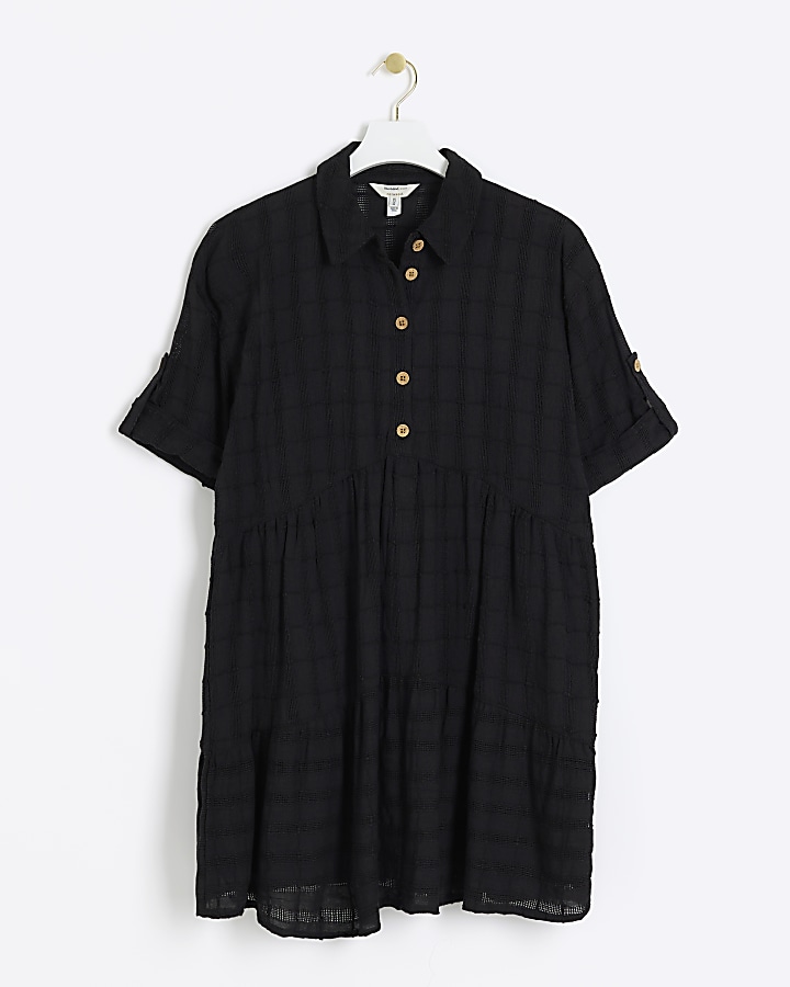 Black textured button up mini shirt dress