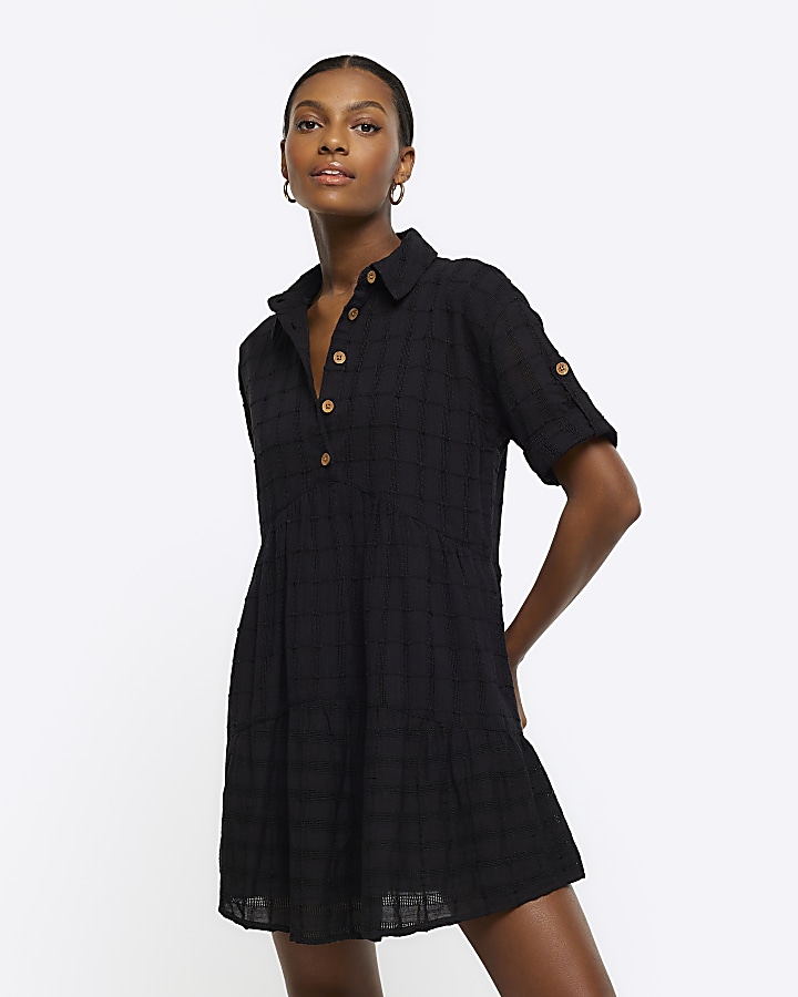 Black textured button up mini shirt dress