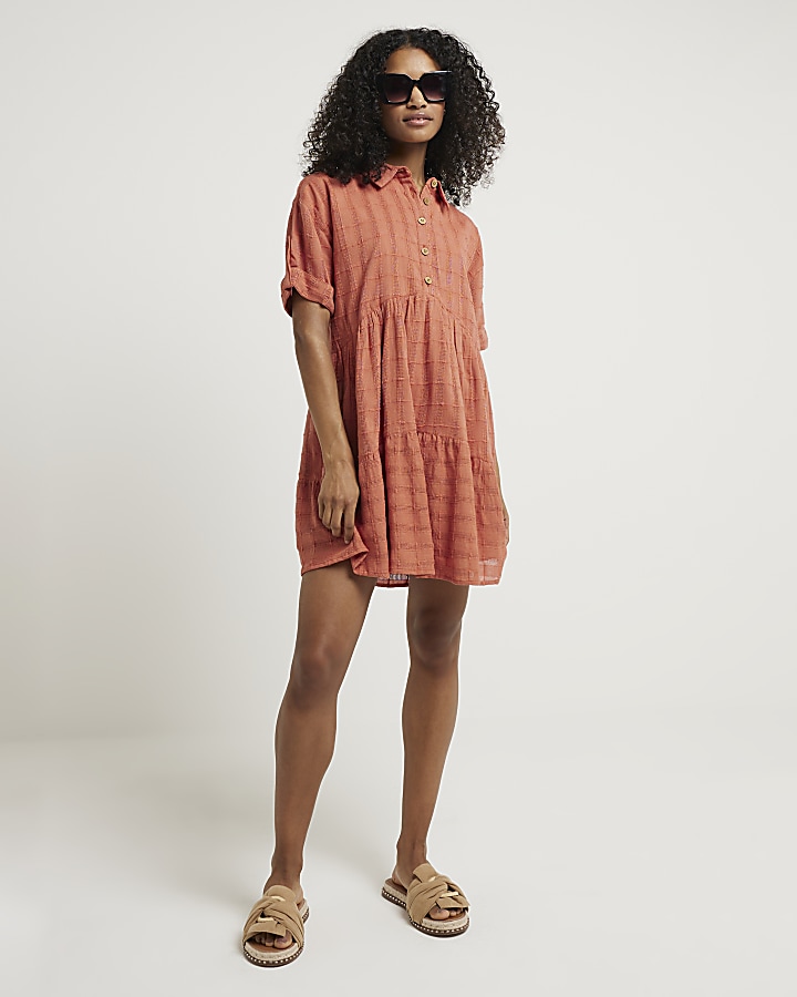 Orange textured tiered smock mini dress