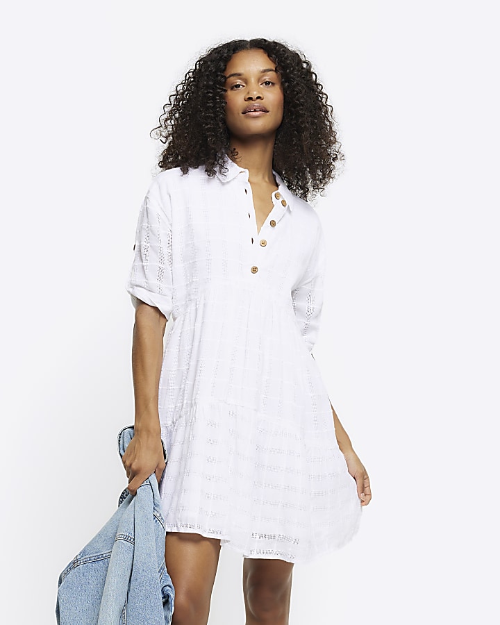 Cream textured tiered smock mini dress