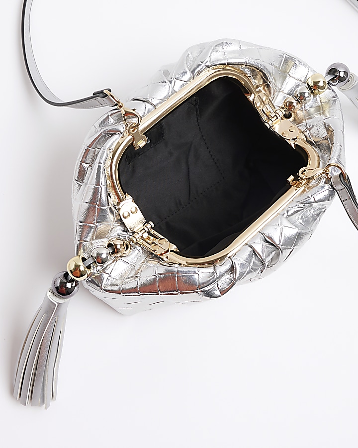 Silver embossed weave clutch bag River Island