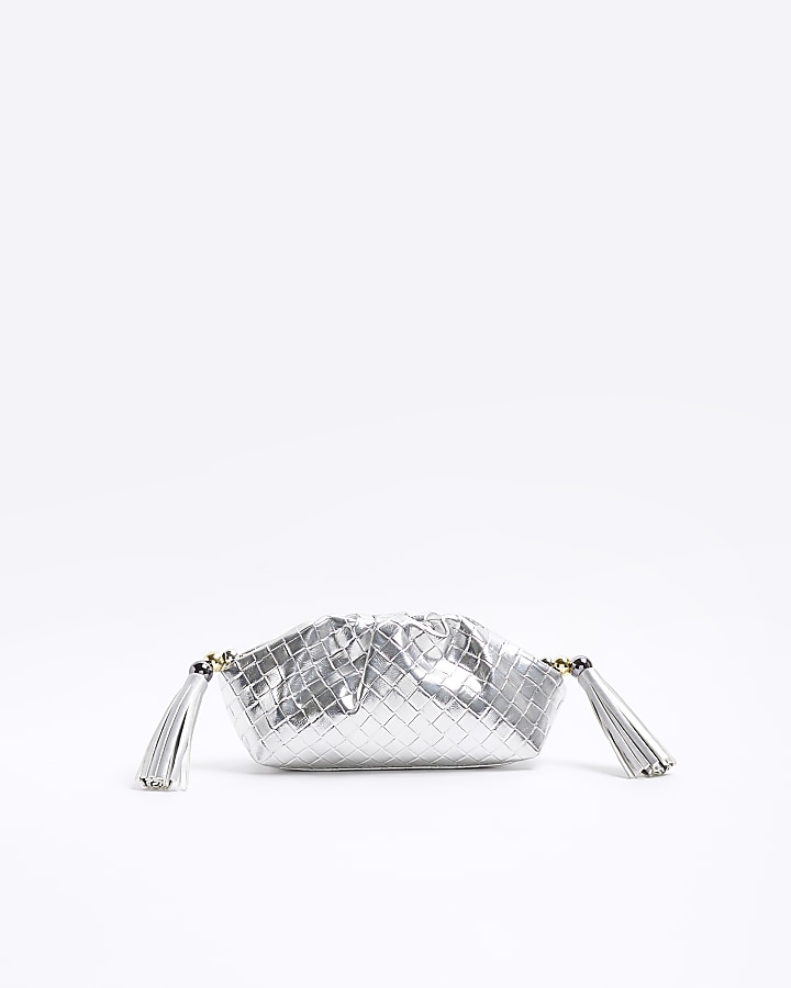 Silver embossed weave clutch bag