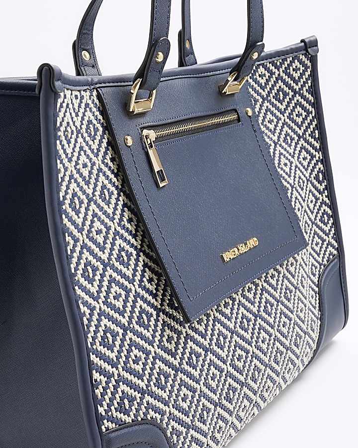 Navy weave geometric shopper bag