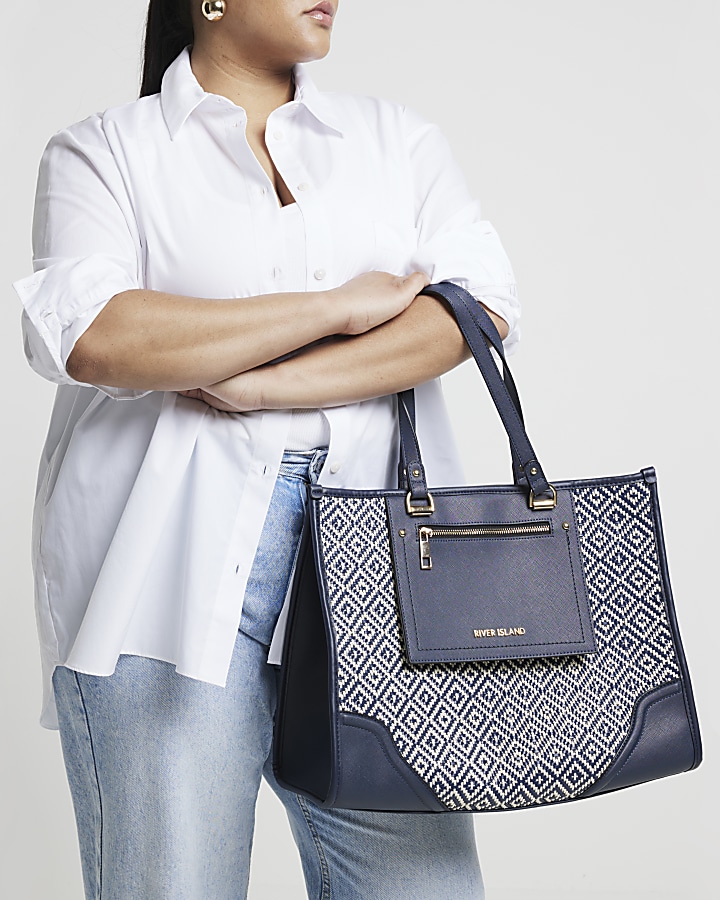 Navy weave geometric shopper bag