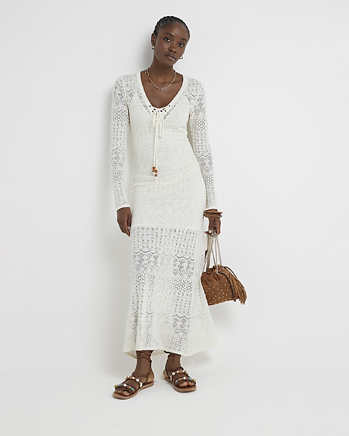 White crochet bodycon beach maxi dress